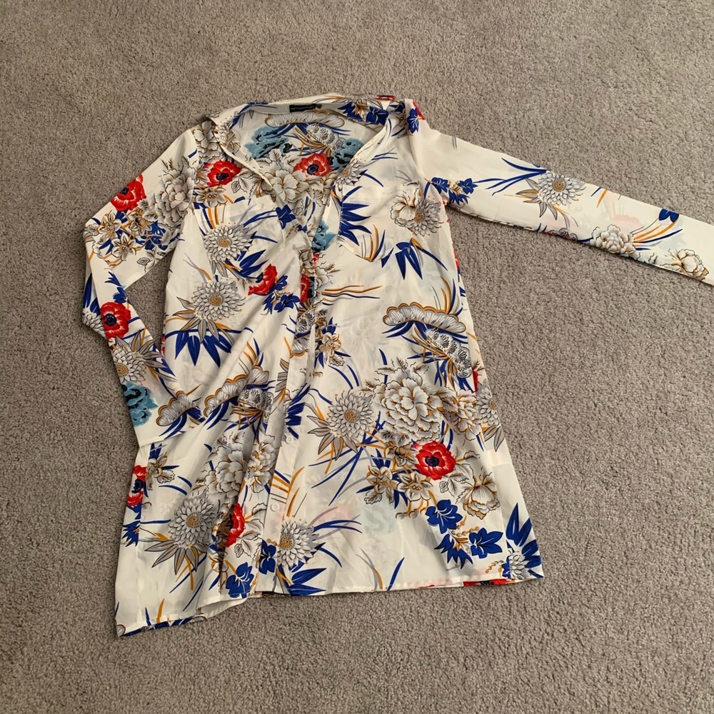 Multicolor button down shirt dress.